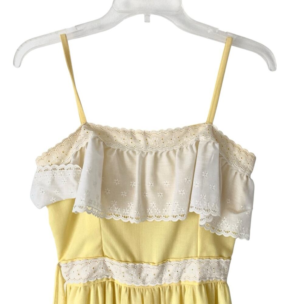 Vintage Handmade Boho Yellow White Lace Trim Ruffle Maxi Dress size small - Picture 2 of 10